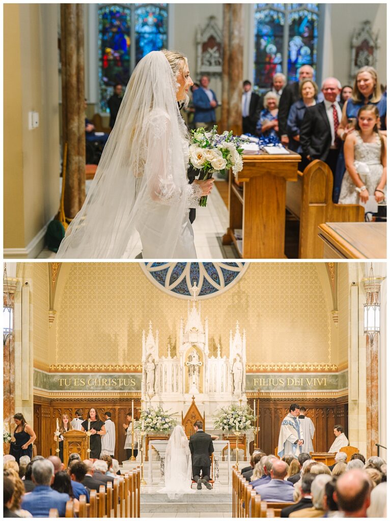 Anna walks down the aisle and Anna and John Parker kneel at the altar during their wedding ceremony at the Cathedral of St. Peter the Apostle in Jackson, Mississippi.