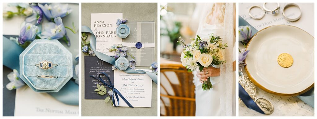 Wedding details including rings, invitations, bouquet, and heirloom details from Anna and John Parker’s wedding.