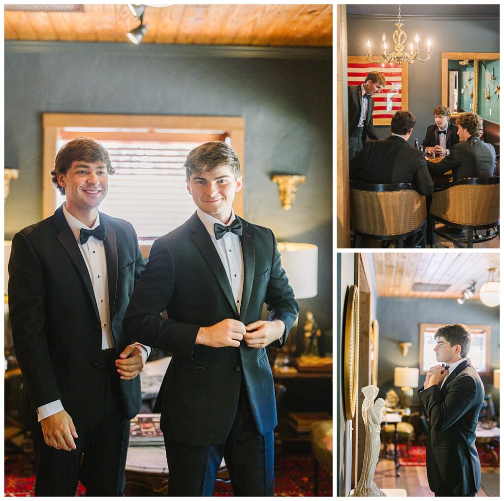 John Parker gets ready with his best man and friends at The Raymond Venue in Raymond, Mississippi.