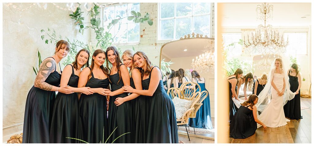 Anna with her bridesmaids getting ready for her wedding at The Raymond Venue in Raymond, Mississippi.