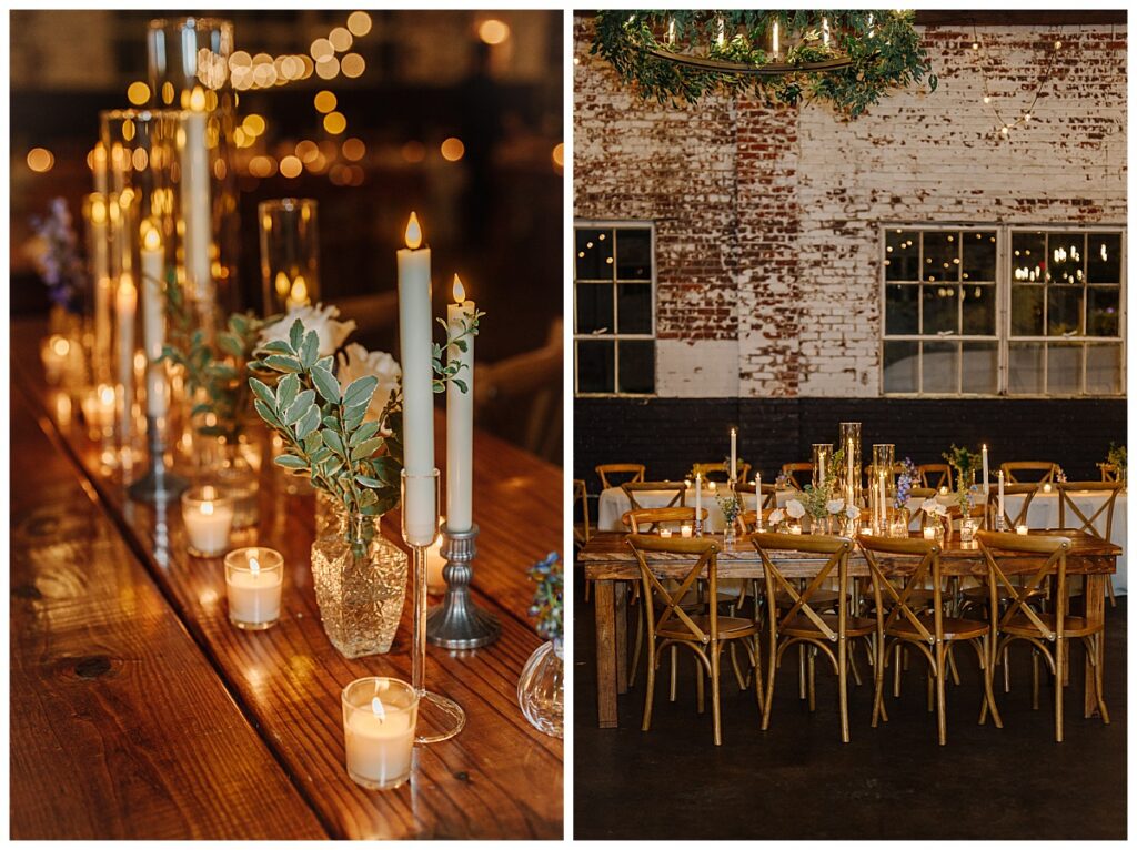 Candlelit wedding reception tables with greenery, floral arrangements, and wooden details at The Raymond Venue in Raymond, Mississippi.