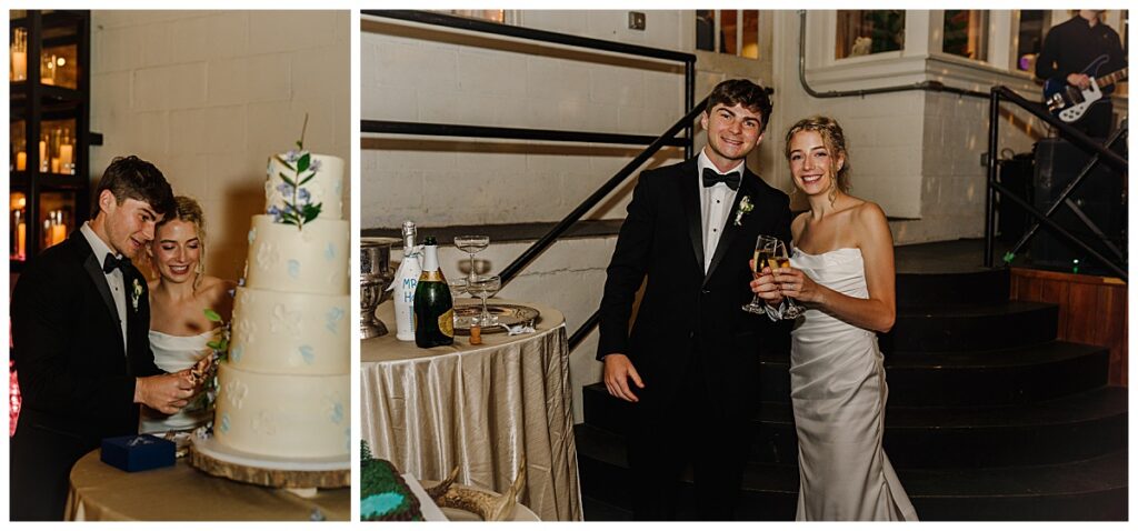 Anna and John Parker cut their wedding cake and celebrate together at The Raymond Venue reception.